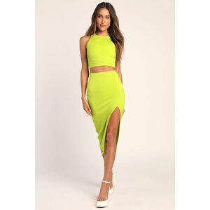 Lulus Absolute Edge Lime Green Sleeveless Two-piece Bodycon Midi Dress - Size XL